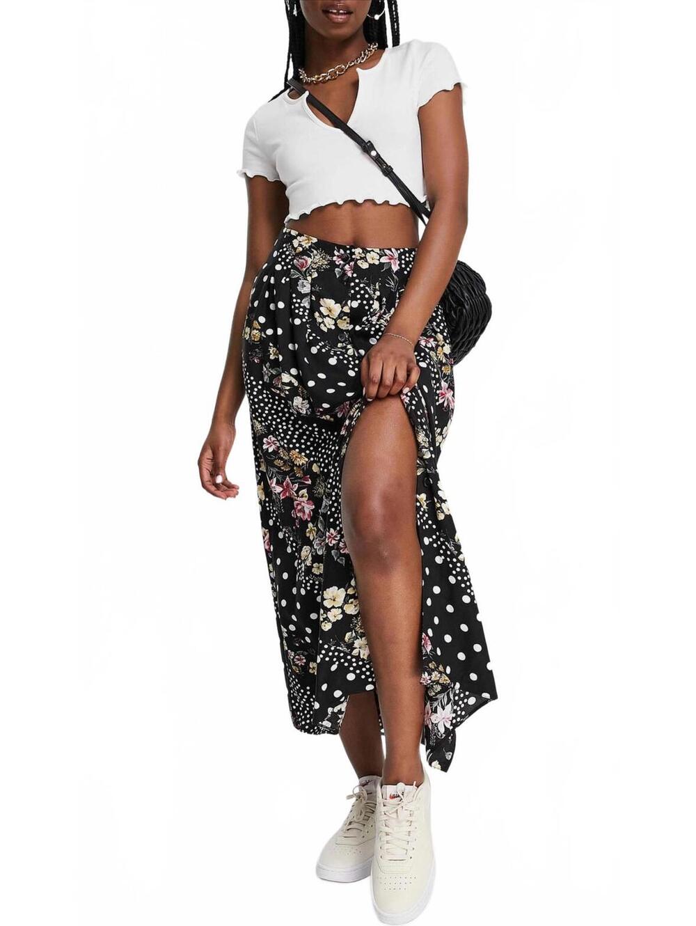 ASOS Floral Dot Midi Slit Button Up Pockets Skirt Black Size 2
